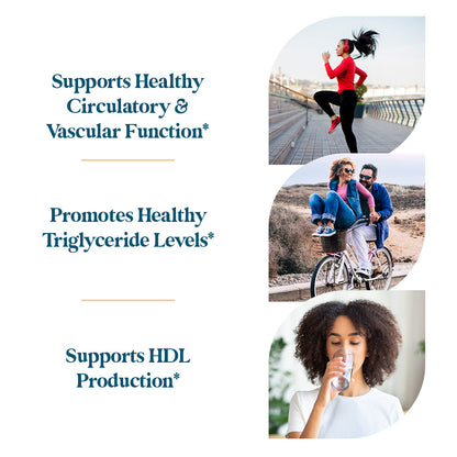 Supports healthy circulatory & vascular function, promotes healthy triglyceride levels, support HDL production.